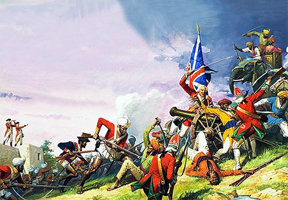 Assault on the French troops around the Tank at the Battle of Plassey 23rd June 1757 in the Anglo-French Wars in India