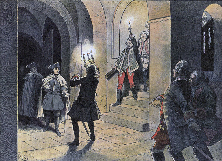 Frederick the Great arriving at the Schloss von Lissa after the Battle of Leuthen 5th December 1757 in the Seven Years War: picture by Richard Knötel