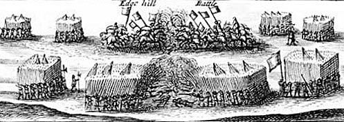 Contemporary drawing of the Battle of Edgehill on 23rd October 1642 in the English Civil War illustrating the formation of regiments of Foot with clumps of pikemen surrounded by musketeers and Horse discharging pistols