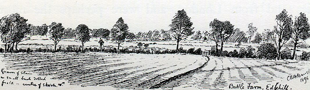 Battle Farm, showing the spot where casualties were buried from the Battle of Edgehill 23rd October 1642 during the English Civil War: drawing by C.R.B. Barrett