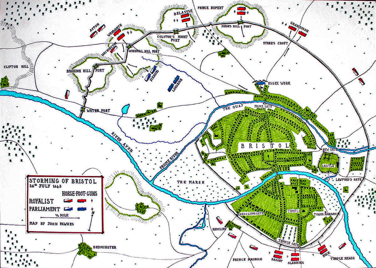Map of the Storming of Bristol by the Royalist Army of Prince Rupert on 26th July 1643 during the English Civil War: map by John Fawkes