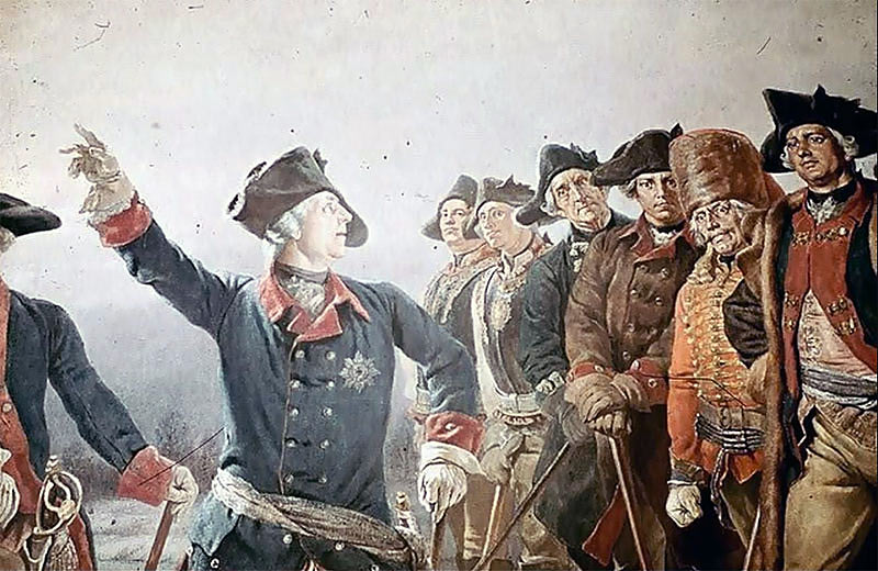 King Frederick II of Prussia addresses his generals in the Parchwitz Address before the Battle of Leuthen 5th December 1757 in the Seven Years War