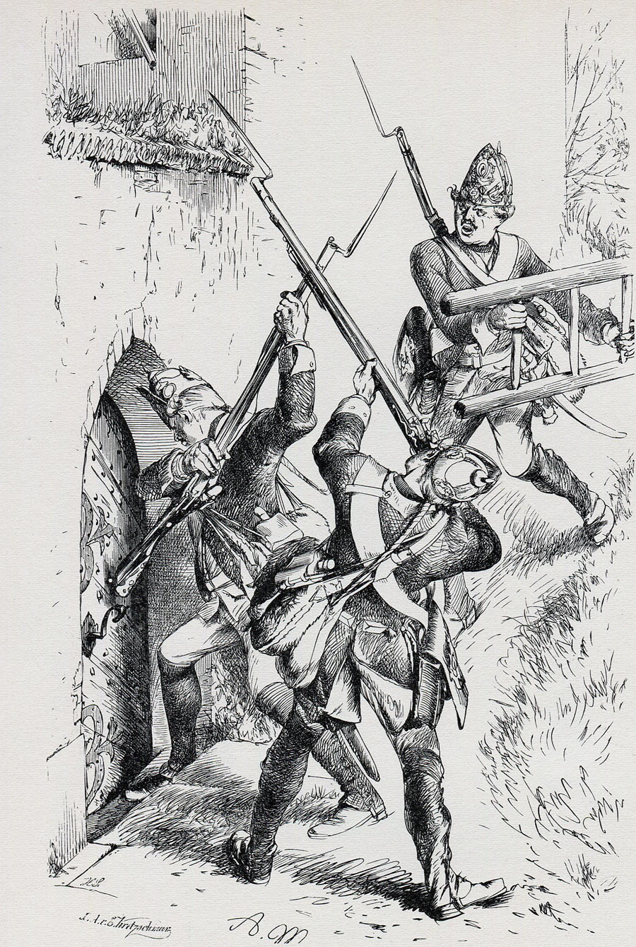 Prussian fusiliers attacking: Battle of Leuthen 5th December 1757 in the Seven Years War: picture by Alolph Menzel