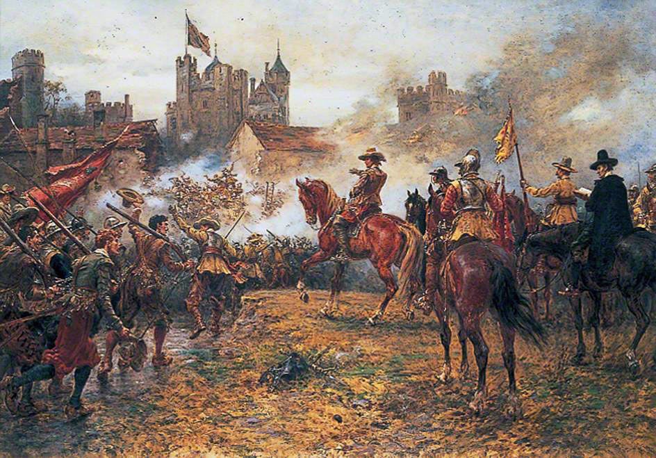 Oliver Cromwell at the Storming of Basing House on 14th October 1645 during the English Civil War: picture by Ernest Crofts