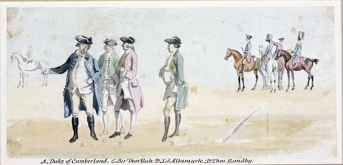 Duke of Cumberland, Sir Robert Rich and Lord Albemarle watching one of the Duke's horses in training. The artist Thomas Sandby is on the right: picture by Thomas Sandby