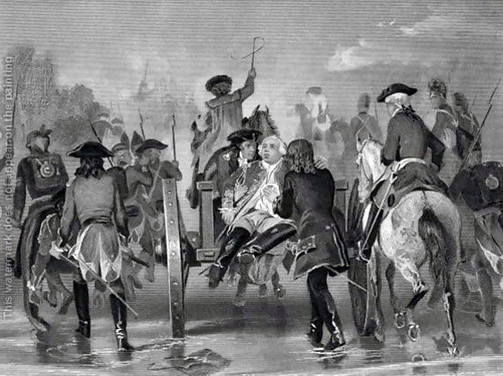 Mortally wounded, General Edward Braddock is carried back from the Monongahela to Great Meadows Camp where he died on 12th July 1755: picture by Alonzo Chappel