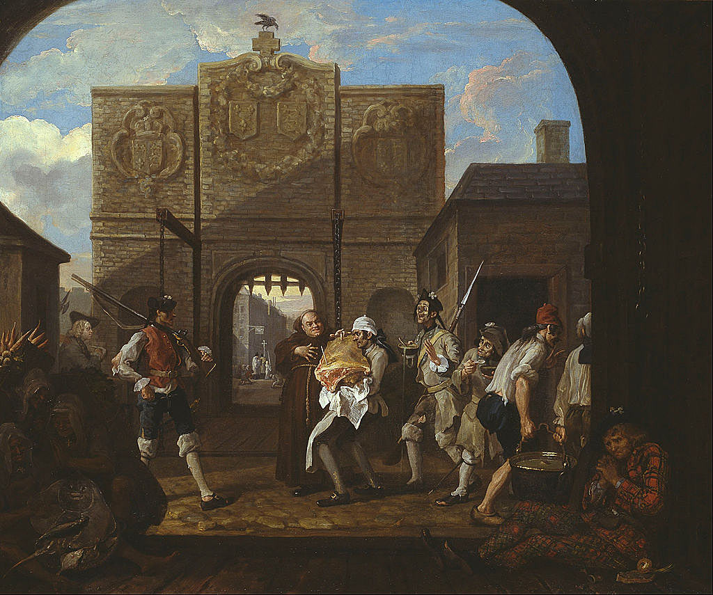 William Hogarth’s picture “The Roast Beef of Old England”, painted in 1748, shows the gates of the French port of Calais. In the bottom right corner is a Scottish clansman, a fugitive from the Jacobite ’45 Rebellion of Prince Charles Edward Stuart. The clansman is identified by his tartan garb and the white Jacobite cockade in his bonnet. The picture combines actuality with allegory. The lurking Jacobite no doubt was in evidence when Hogarth went on his sketching trip to Calais, but also represents the national fear of a renewed Jacobite insurgency launched from the continent of Europe
