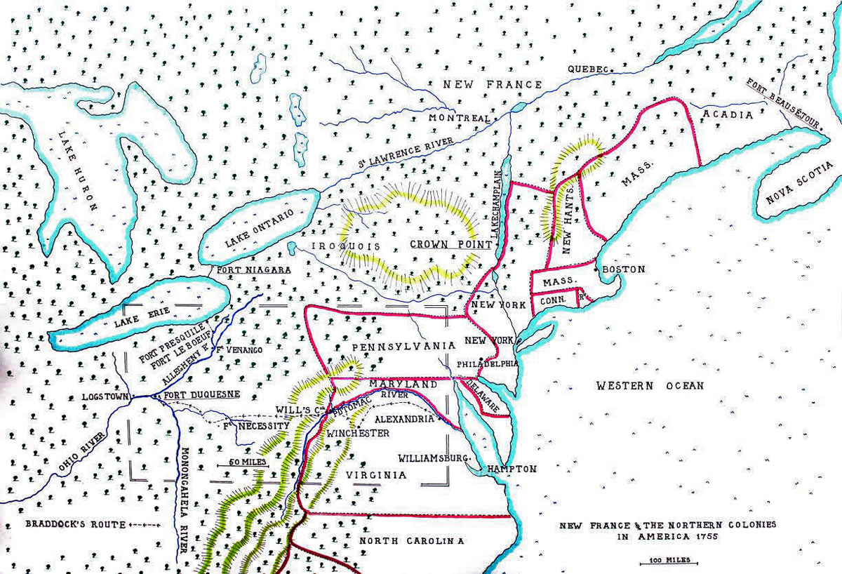 Map of the North American Colonies in 1755 showing the four intended targets for the British offensive operation: Fort Duquesne, Fort Niagara, Crown Point and Fort Beauséjour: map by John Fawkes