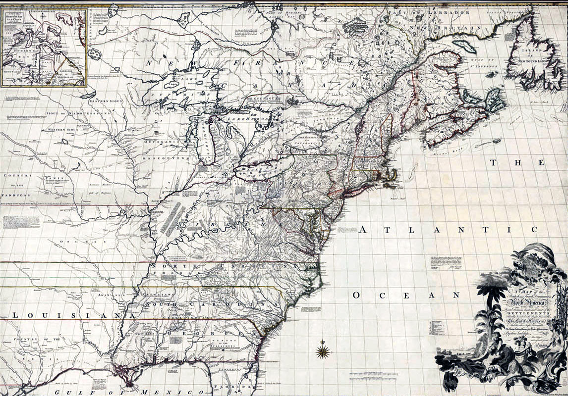 Map of North East America in 1755: Death of General Edward Braddock on the Monongahela River on 9th July 1755 in the French and Indian War