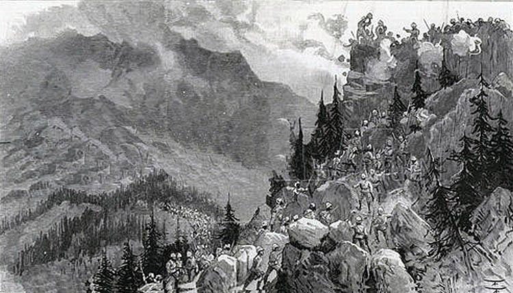 2nd Northumberland Fusiliers and Khyber Rifles storming the Chaila Crag: Black Mountain Expedition from 1st October 1888 to 13th November 1888 on the North-West Frontier of India
