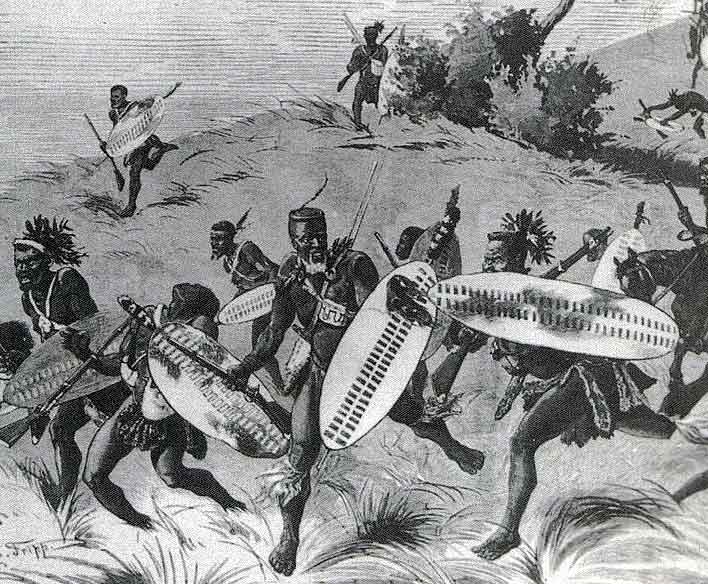 Zulus attacking at the Intombi River Disaster on 12th March 1879 in the Zulu War: Battle of Khambula on 29th March 1879 in the Zulu War