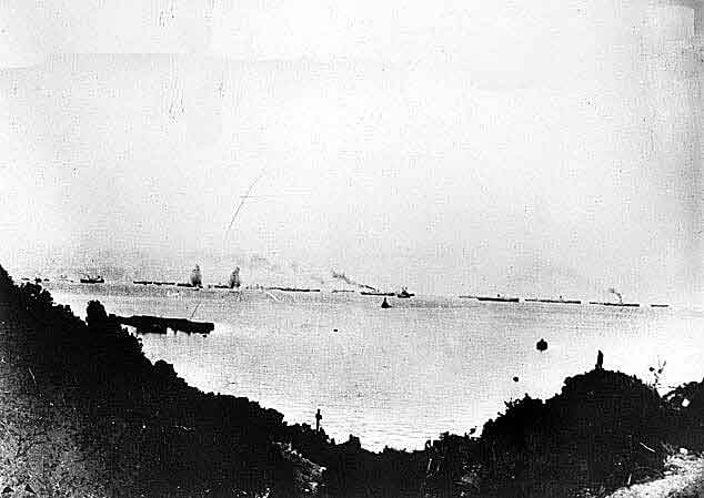 Transports off Anzac Gallipoli under bombardment from Turkish guns on Ari Burnu on 25th April 1915: Gallipoli Part III, ANZAC landing on 25th April 1915 in the First World War