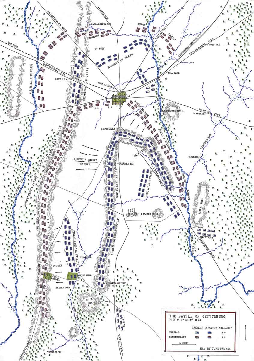 Map of the Battle of Gettysburg on 1st to 3rd July 1863 in the American Civil War: map by John Fawkes