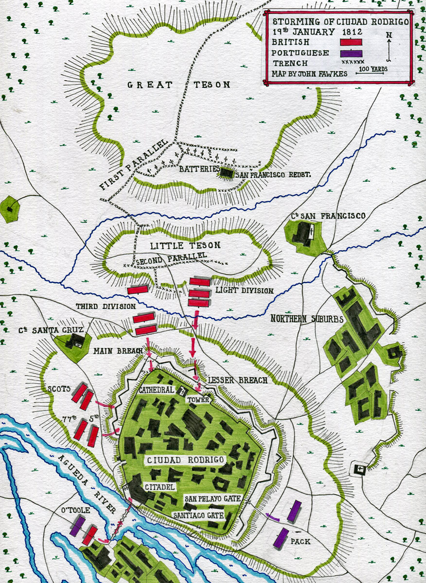 Map of the Storming of Ciudad Rodrigo on 19th January 1812 in the Peninsular War: map by John Fawkes