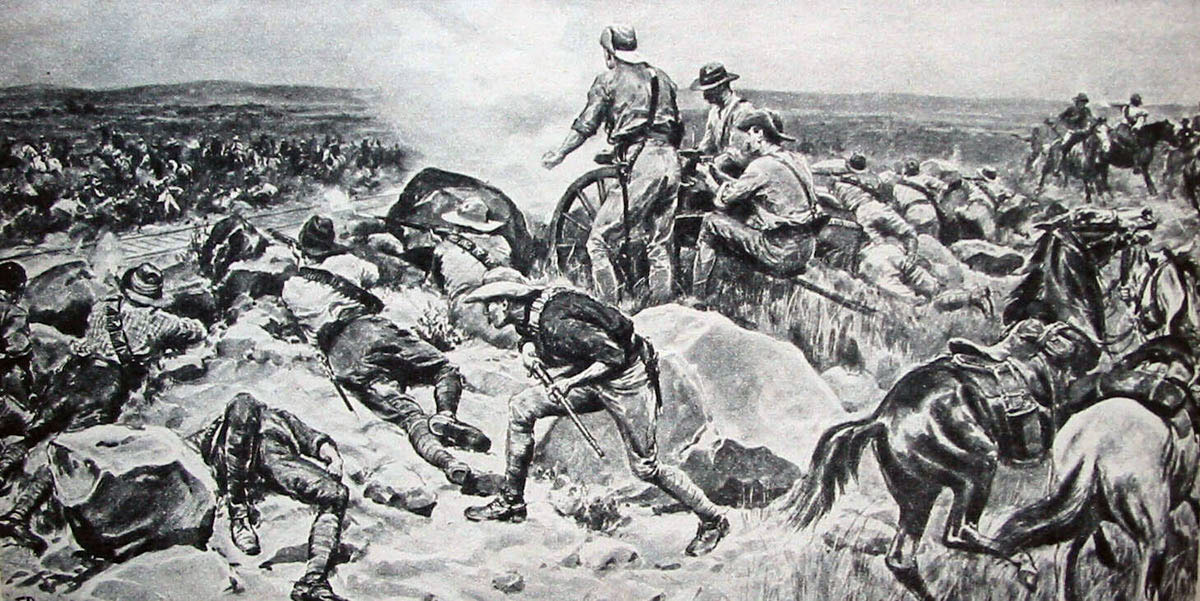 Colonel Plumer's unsuccessful relief attack: Siege of Mafeking 14th October 1899 to 16th May 1900 in the Great Boer War: picture by Frank Dadd