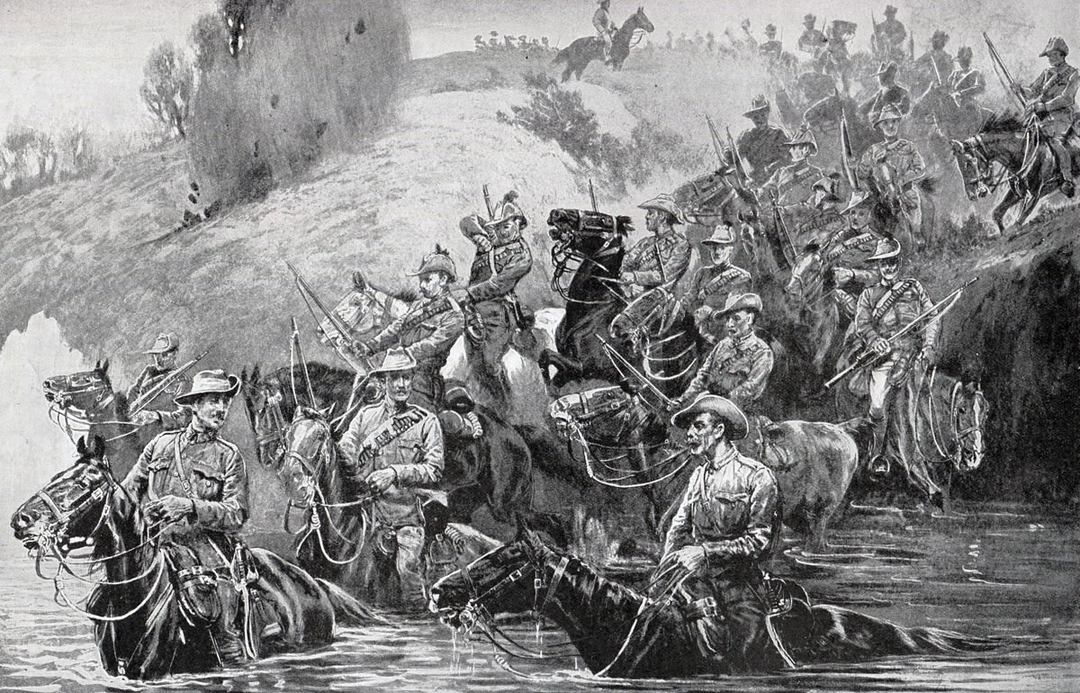 Colonials crossing a spruit under fire: Battle of Pieters, fought from 14th February 1900 in the Great Boer War: picture by John Charlton