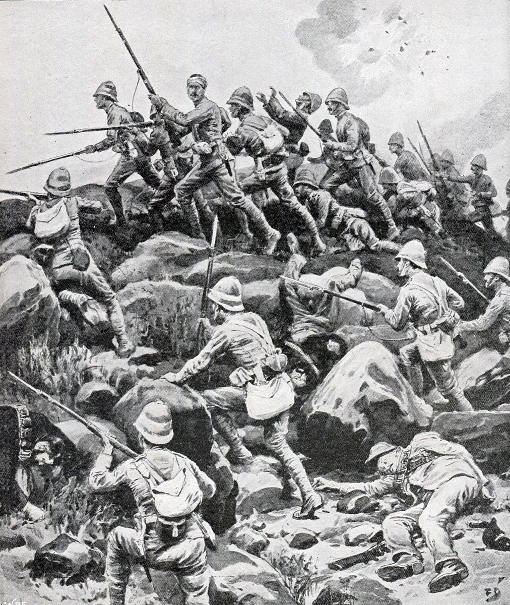 King’s Royal Lancaster Regiment storming Pieters Hill: Battle of Pieters, fought from 14th to 28th February 1900 in the Great Boer War: picture by Frank Dadd