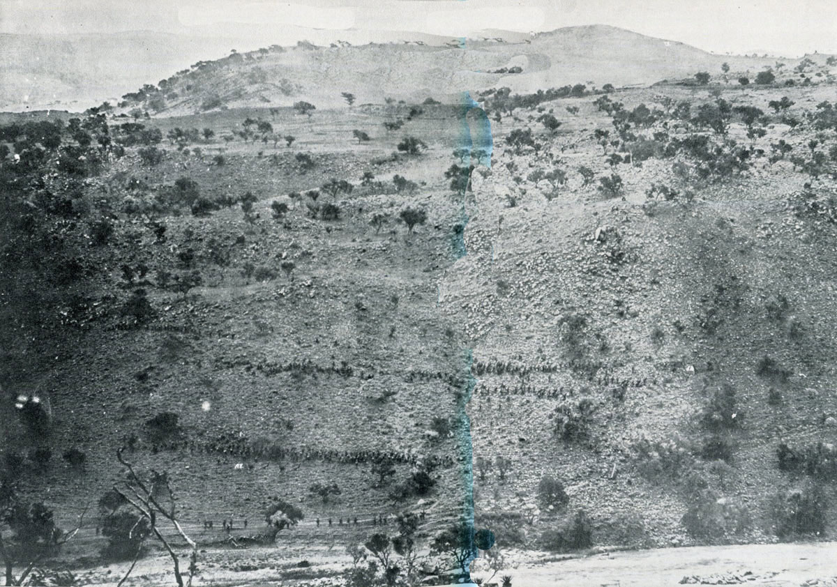 British Sixth Brigade climbing Pieters Hill: Battle of Pieters, fought from 14th to 28th February 1900 in the Great Boer War