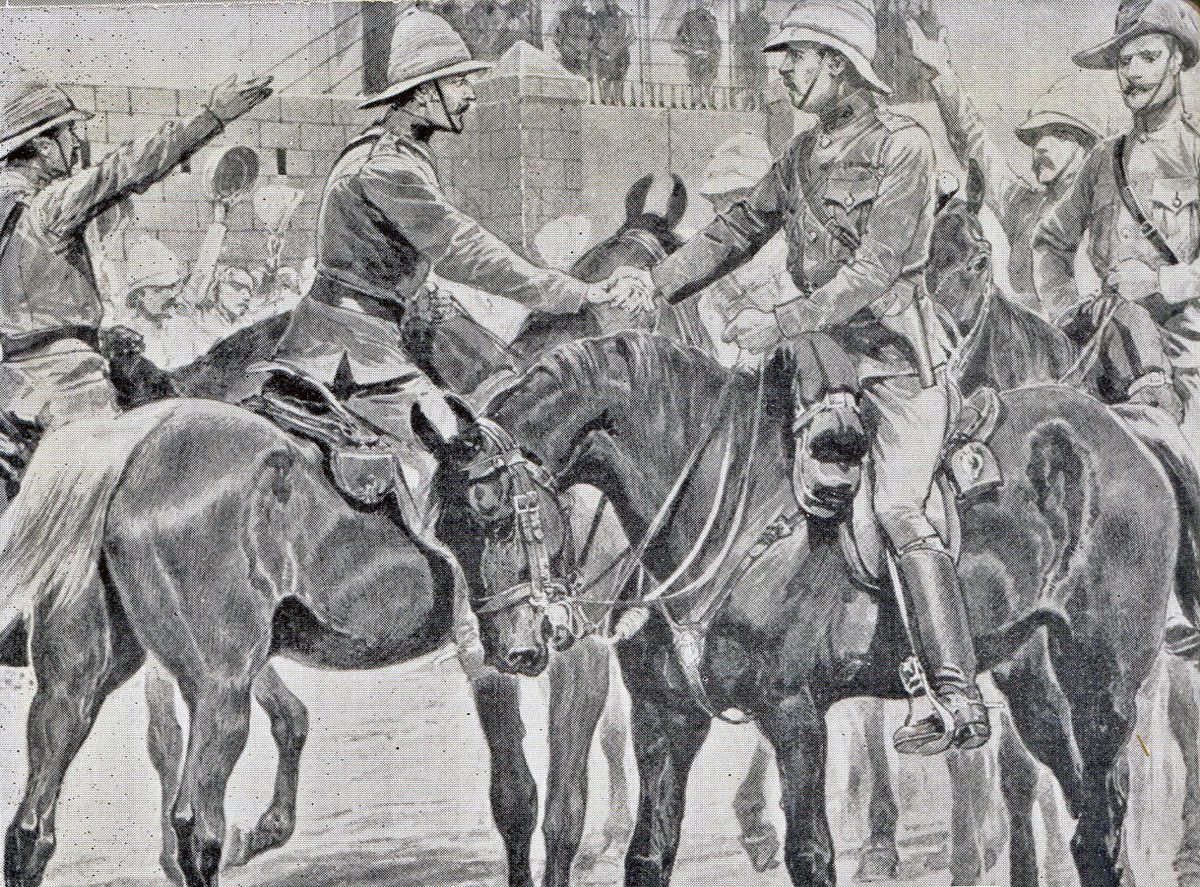 British Generals White and Buller meet in Ladysmith, after the relief of the town following the Battle of Pieters, fought from 14th to 28th February 1900 in the Great Boer War