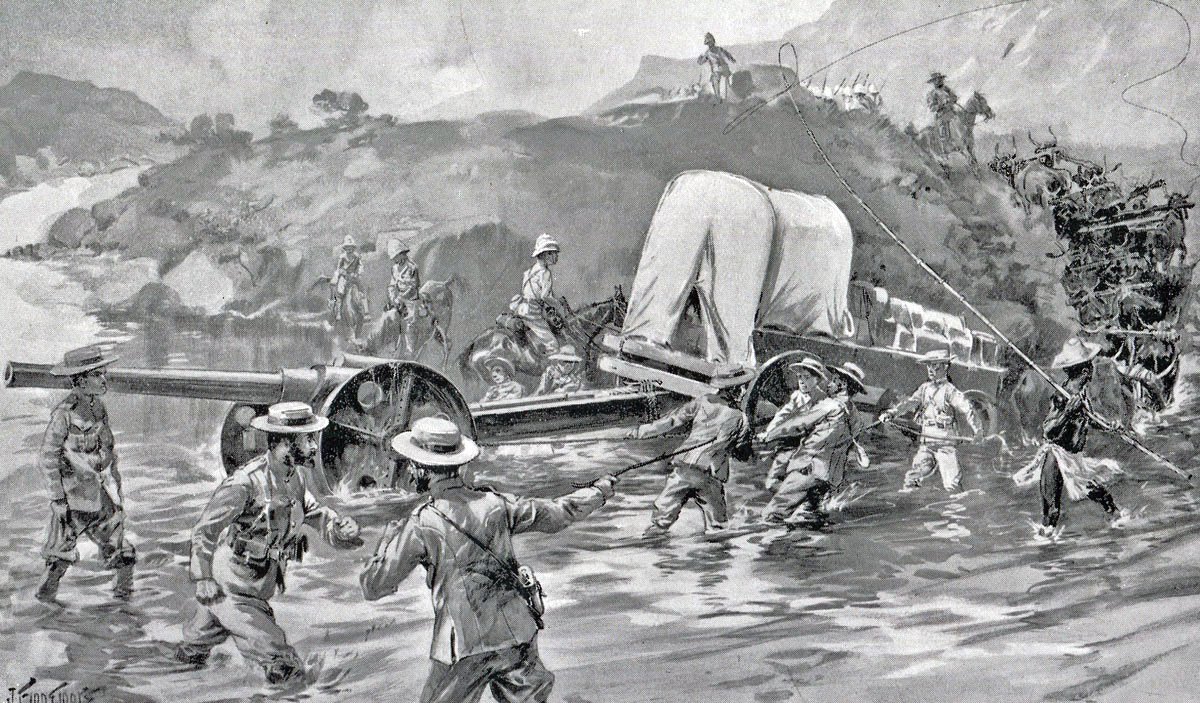 Royal Navy 4.7-inch guns crossing the Tugela River: Siege of Ladysmith, 2nd November 1899 to 27th February 1900 in the Great Boer War: picture by Joseph Finnemore