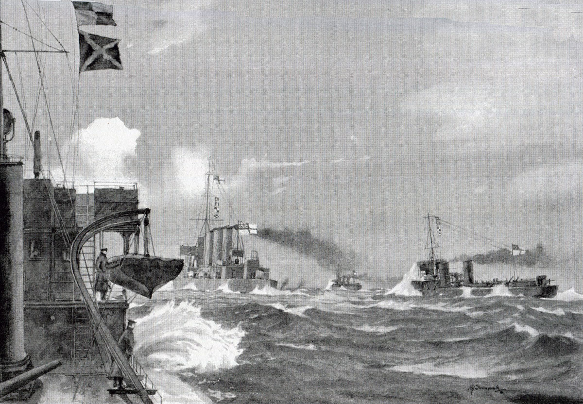 HMS Undaunted and the four British destroyers sight the four German torpedo boats in the Texel action on 17th October 1914 in the First World War: picture by H.G. Swanwick