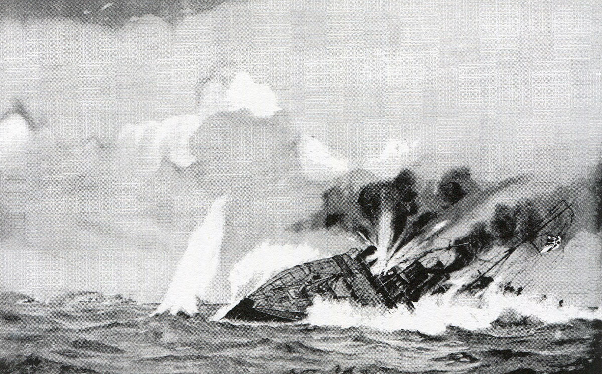 German torpedo boat S119 sinks in the Texel action on 17th October 1914 in the First World War: picture by H.G. Swanwick