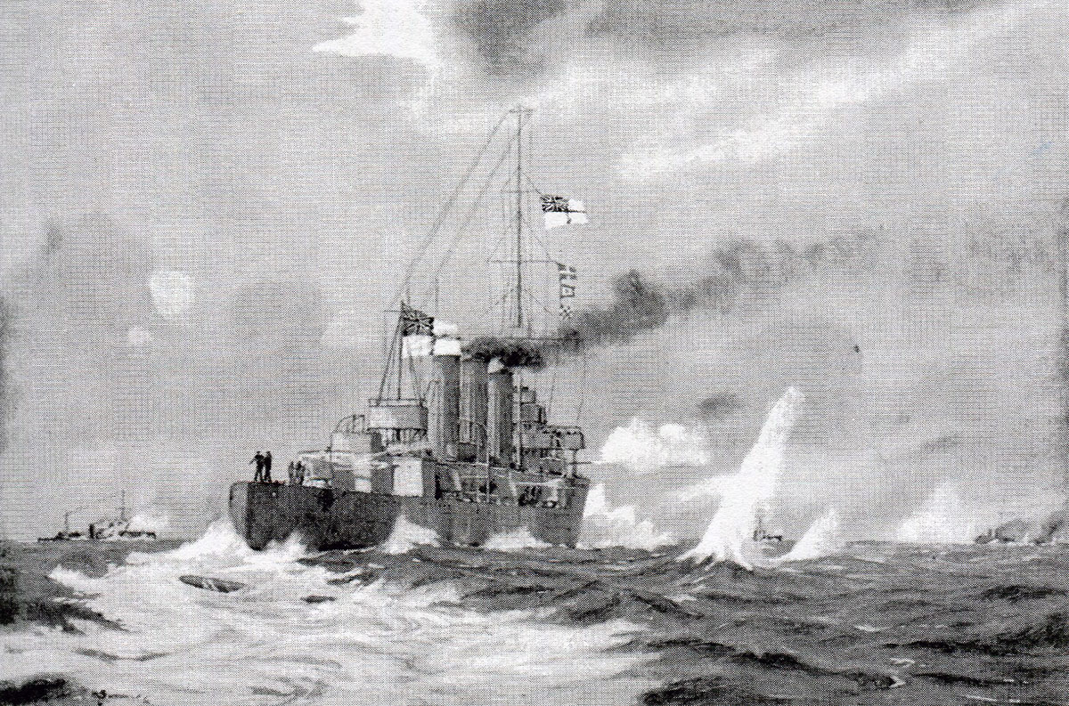 HMS Undaunted evades a German torpedo in the Texel action on 17th October 1914 in the First World War: picture by H.G. Swanwick