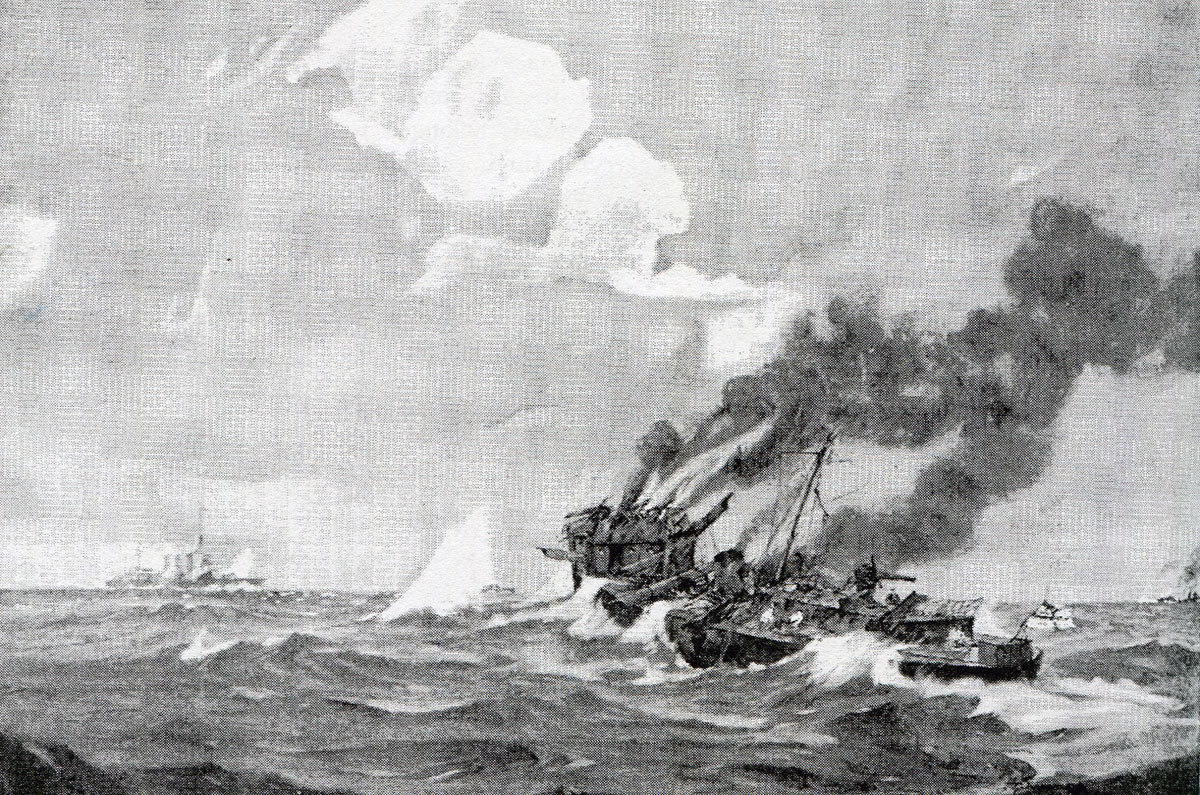 German torpedo boat S117 about to sink in the Texel action on 17th October 1914 in the First World War: picture by H.G. Swanwick