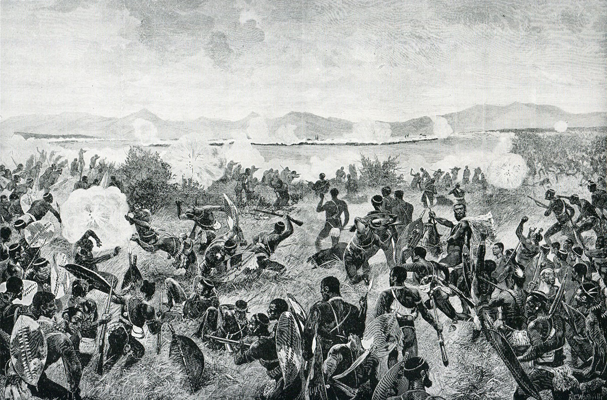 Zulu attack at the Battle of Ulundi on 4th July 1879 in the Zulu War-the British square is in the distance: picture by Richard Caton Woodville