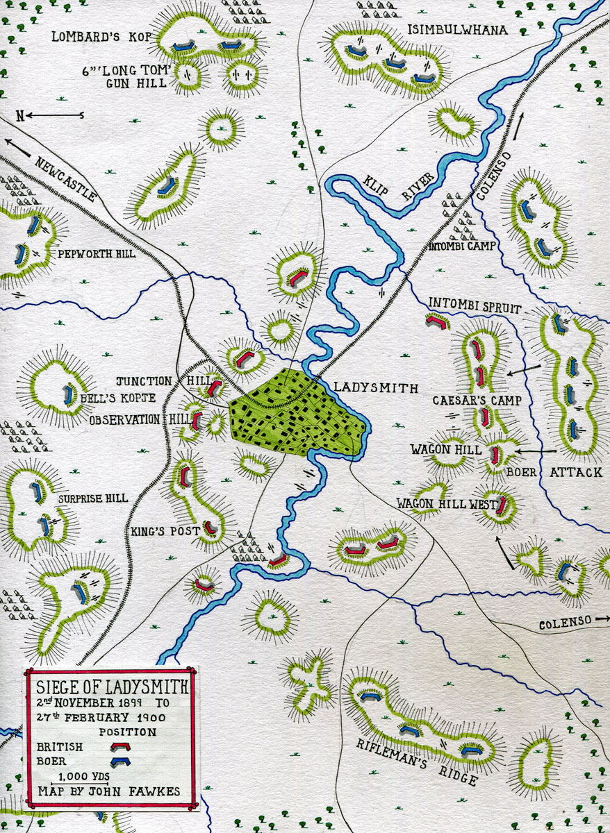 Map of the Siege of Ladysmith, 2nd November 1899 to 27th February 1900 in the Great Boer War: map by John Fawkes