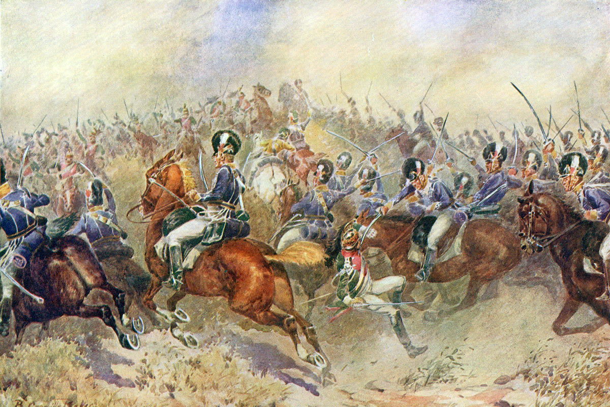 British 12th Light Dragoons in the charge at the Battle of Salamanca on 22nd July 1812 during the Peninsular War, also known as the Battle of Los Arapiles or Les Arapiles: picture by B. Granville Baker