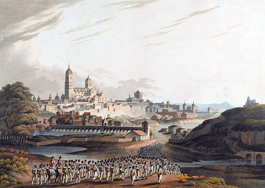 British troops escorting French prisoners into the City of Salamanca after the Battle of Salamanca on 22nd July 1812 during the Peninsular War