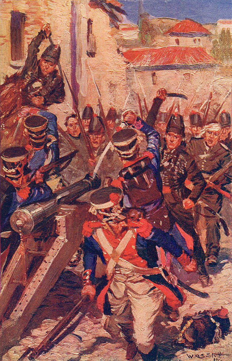 95th Rifles storming the village of Margarita in the Battle of Vitoria on 21st June 1813 during the Peninsular War: picture by WAS Stott