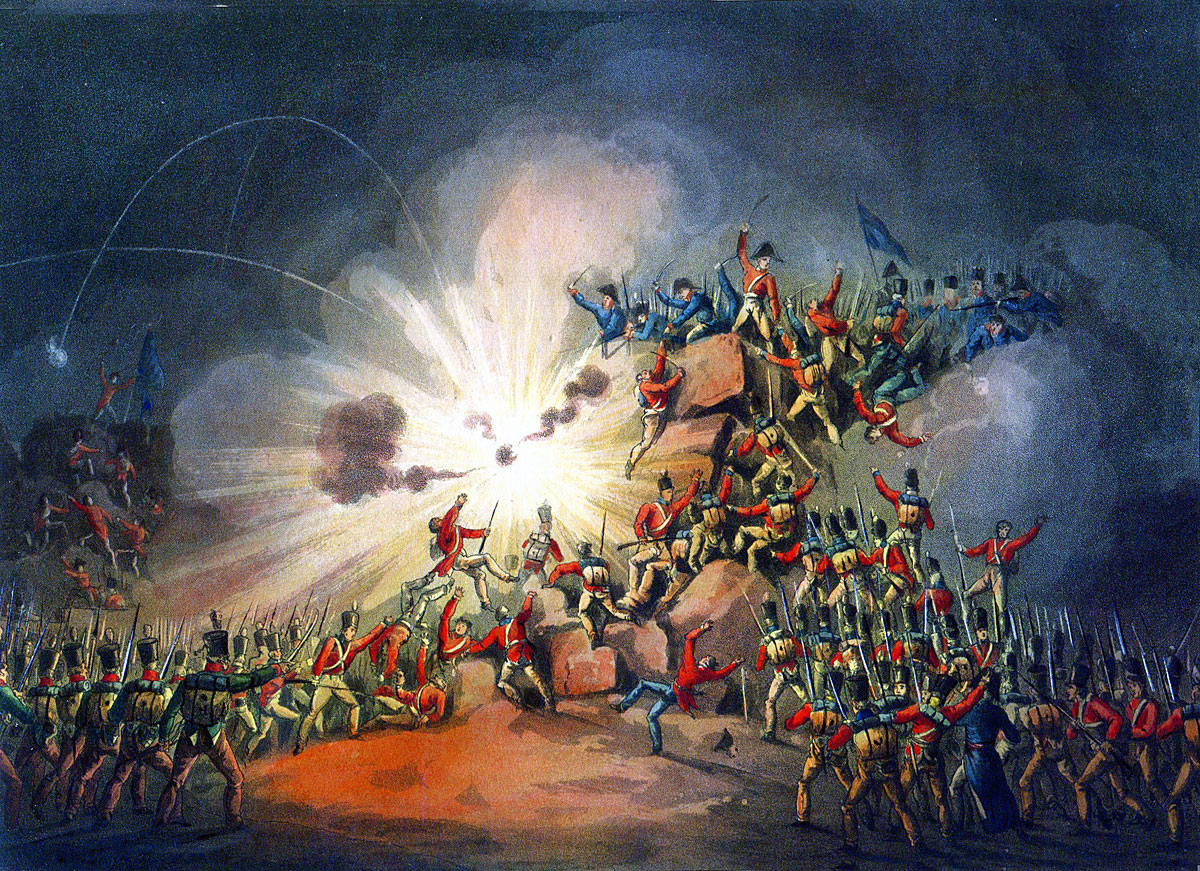 Explosion of the French magazine in the Main Breach, during the Storming of Ciudad Rodrigo on 19th January 1812 in the Peninsular War: picture by J.J.Jenkins