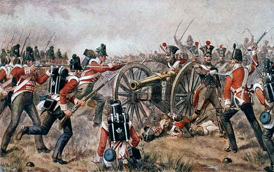 British 43rd Light Infantry fighting for the French howitzer at the Battle of Sabugal on 3rd April 1811 in the Peninsular War: picture by Richard Simkin