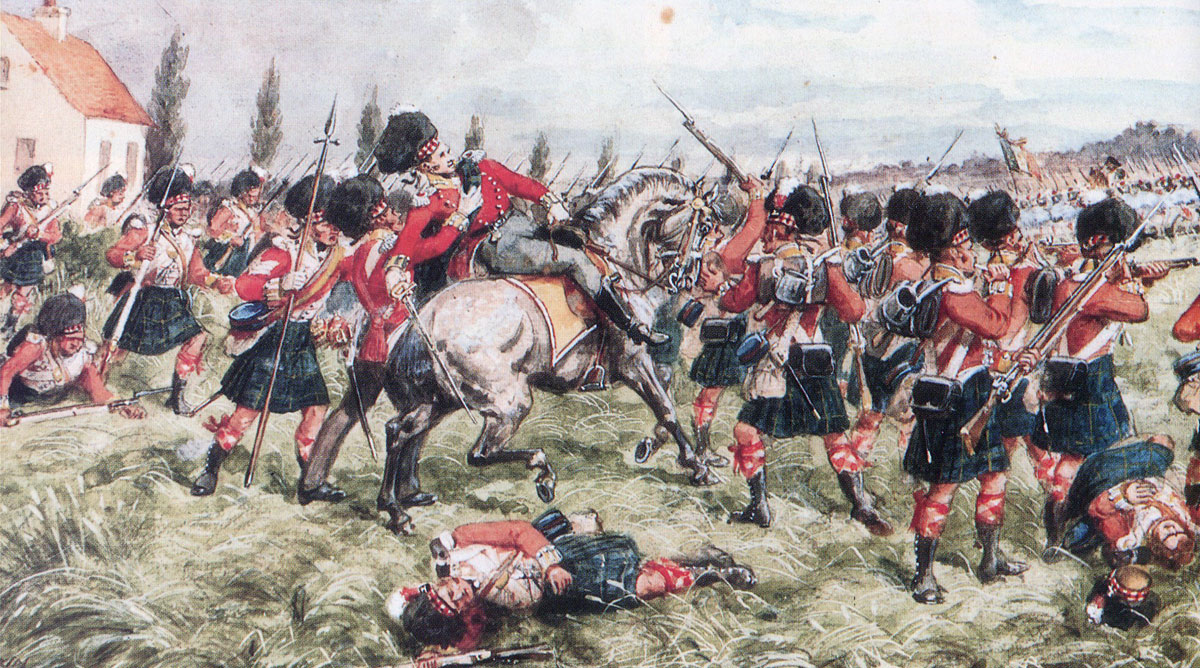Death of Colonel John Cameron of Fassiefern leading the 92nd Highlanders at the Battle of Quatre Bras on 16th June 1815 during the Napoleonic Wars: picture by Richard Simkin