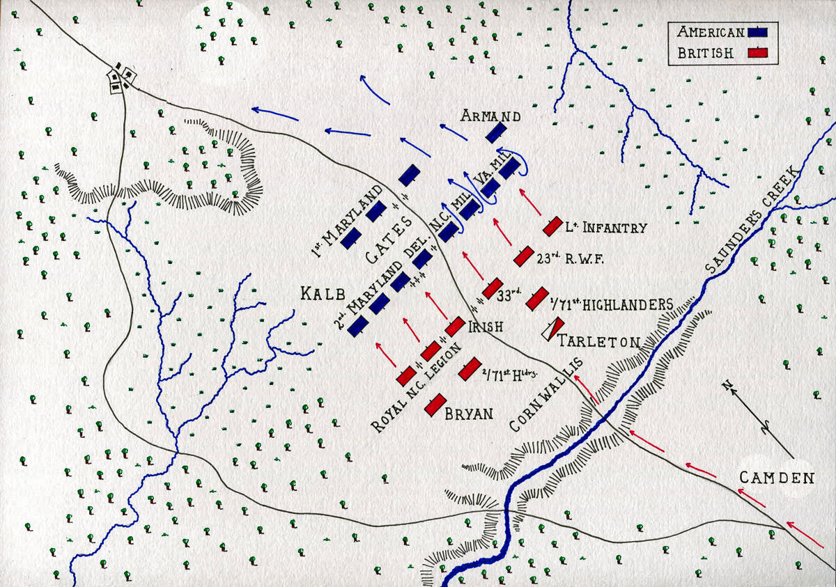 Map of the Battle of Camden on 16th August 1780 in the American Revolutionary War: map by John Fawkes