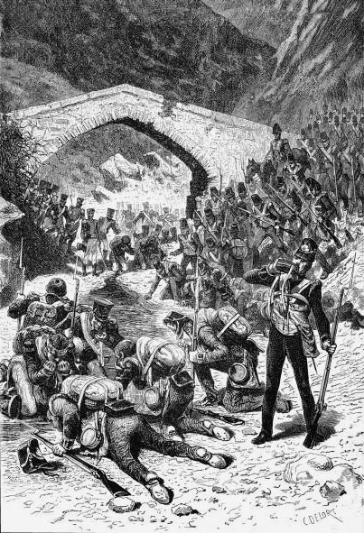 British and French troops drinking from the Portina Brook during the Battle of Talavera on 28th July 1809 in the Peninsular War: picture by D. Delors