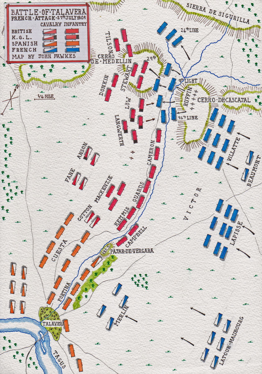 Map of Victor’s night attack on 27th July 1809 at the Battle of Talavera on 27th/28th July 1809 in the Peninsular War: map by John Fawkes