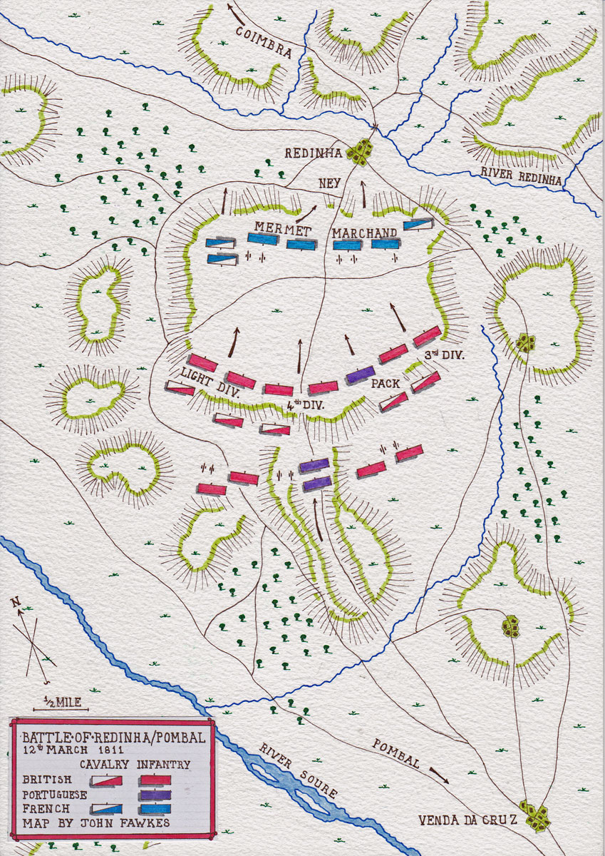 Map of the Battle of Redinha or Pombal fought on 12th March 1811 in the Peninsular War: map by John Fawkes