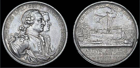 Medal issued by the Madrid Academy of Arts commemorating Velasquez and Gonzalo for their defence of El Morro Castle: Capture of Havana in August 1762 during the Seven Years War