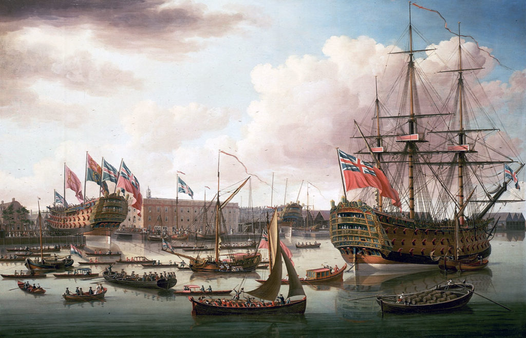 Launch of HMS Cambridge at Deptford in 1757: Capture of Havana in August 1762 during the Seven Years War: picture by John Clevely (HMS Royal George on right)