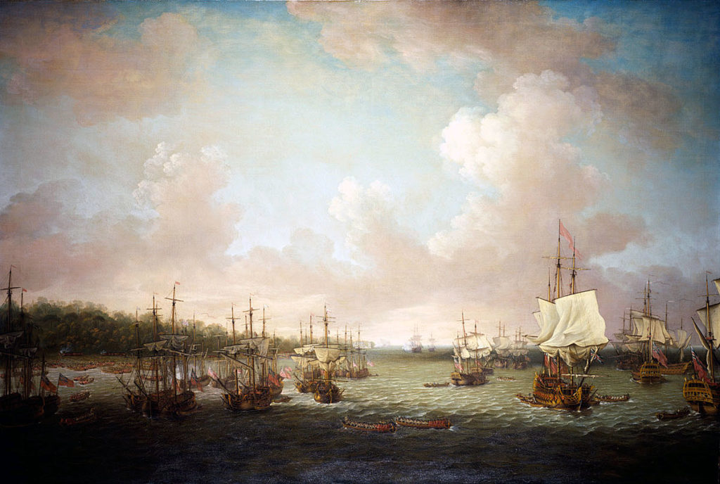 British ships landing guns at Coximar on 30th June 1762: Capture of Havana in August 1762 during the Seven Years War