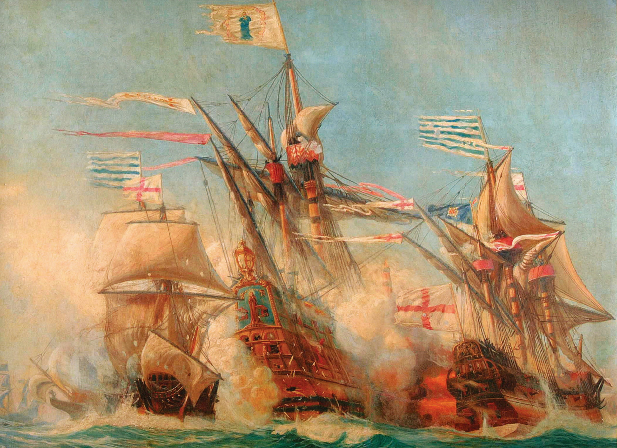 Battle of Gravelines on 28th July 1588: at which the English Fleet dispersed the Spanish Armada and forced it into the North Sea: Spanish Armada June to September 1588: picture by Harold Wyllie