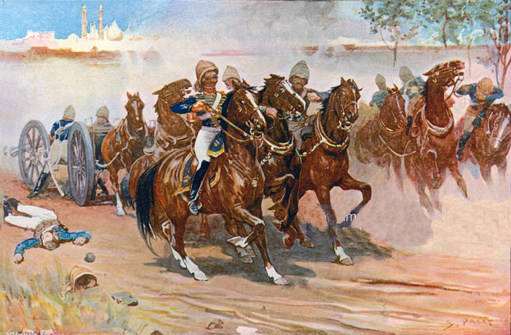 Lieutenant Frederick Roberts leading his battery of Bengal Horse Artillery at the Siege of Delhi in 1857: picture by Sidney E. Paget